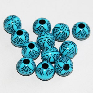 ヴィンテージアクリルラウンドビーズ 8.5 x 10 mm ブルー、ブラックアクセント 60 個