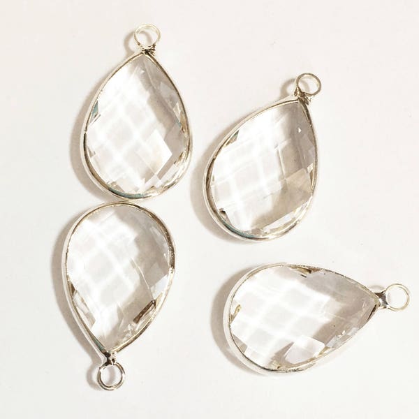 4 glass faceted teardrop pendant with silver frame, Clear glass drops 22x14mm, framed glass teardrops