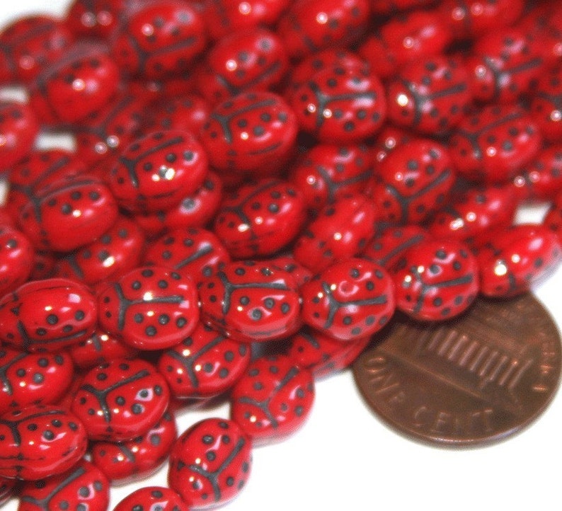 10 pcs of Red Lady Bug glass beads 6X8.5mm Etsy