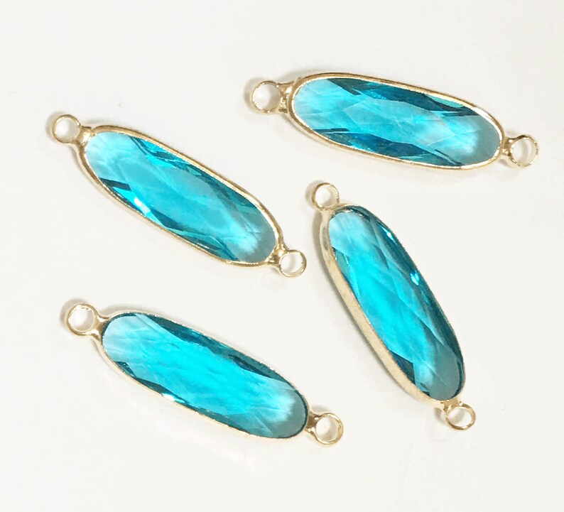 4 pcs Glass faceted oval with brass setting 27x7mm Zircon blue , glass connector 1/1 loop with brass setting, long oval connector image 2