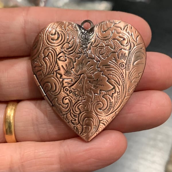 2 antiqued Copper extra large  heart Locket Pendant  42mm