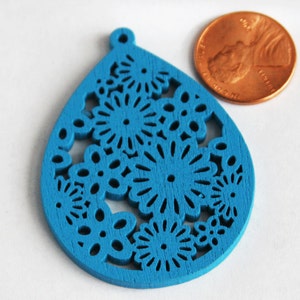 Bulk 100 pcs of Carved Wood teardrop Pendant with flower pattern 51x39x3mm Turquoise blue image 2