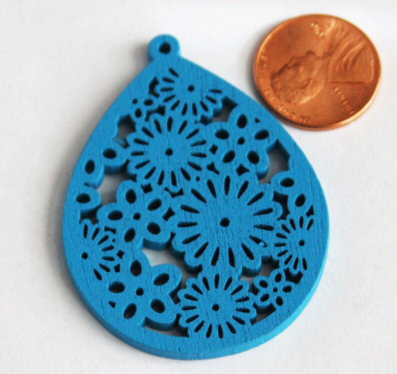 Bulk 100 pcs of Carved Wood teardrop Pendant with flower pattern 51x39x3mm Turquoise blue image 2