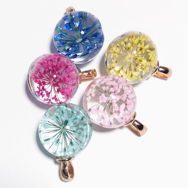 4 pcs of round glass pendant with flower 22x15mm, 4 assorted color, inner flower glass pendant, rose gold pendant