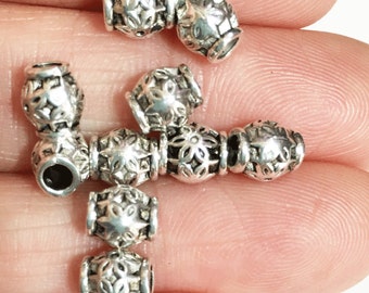 30 Antique Silver Drum Spacer Beads: Floral Barrel Beads (6x5.5mm)