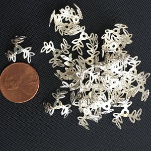 48 Silver Plated Filigree Bead Caps: Three Petal Design, 13mm