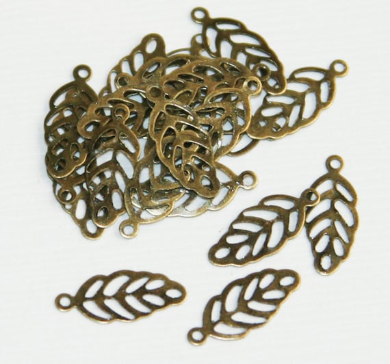 100 Antique Brass Stamped Leaf Charms: Bronze Leaf Pendants 13x6mm