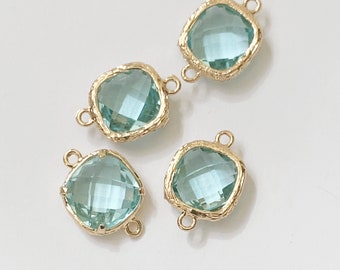 4 Glass faceted square with  brass setting 13x18 mm Aqua color , glass connector 1/1 loop gold tone