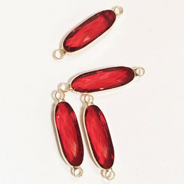 4 pcs Glass faceted oval with  brass setting 27x7mm , Red , glass connector 1/1 loop with  brass setting, long oval connector