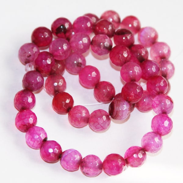 Perles d'agate fuchsia rose brin de 15 pouces, perles rondes à facettes 8mm