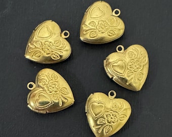 10 Raw Brass Heart Locket Pendants with Flower, 16x15mm
