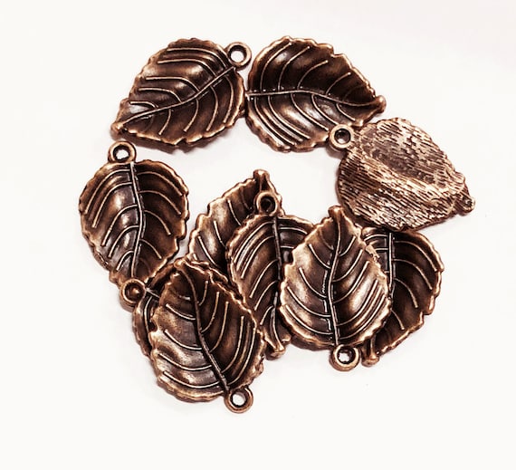 50 Antique Copper Leaf Pendants: Double Sided Alloy Charms
