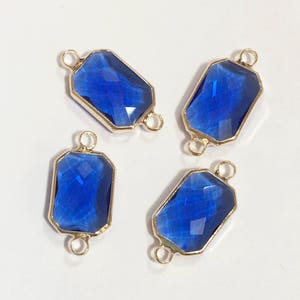 4 Royal Blue Glass Connectors: Faceted Rectangle Brass Setting (22x10mm)
