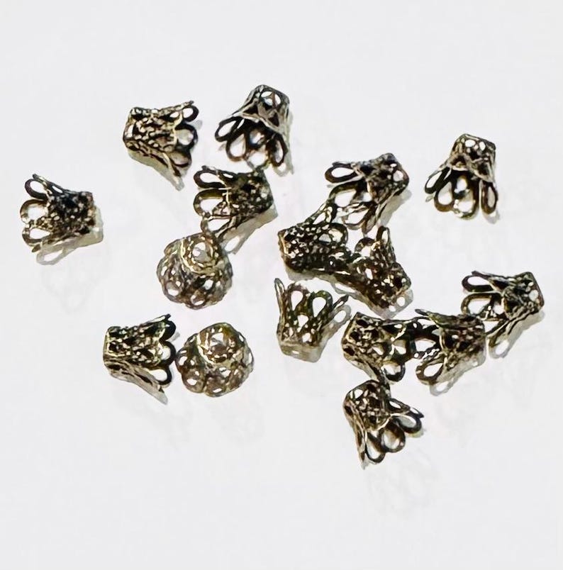 50 Antique Brass Bell Flower Filigree Bead Caps - 8mm image 3
