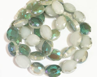 One strand  two tone oval crystal beads beads 12x15mm, electro plated crystal beads, White Green