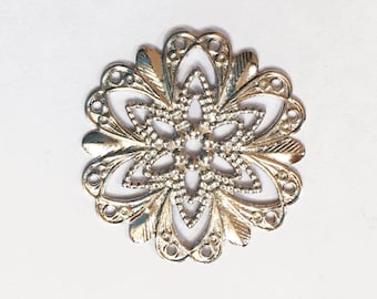 Antique silver filigree flower focal 20mm, platinum color filigree connector