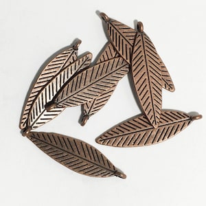 16 pcs antique copper double sided feather drop 30x10mm, alloy feather charm, antique copper feather charm