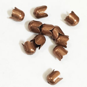 May include: A group of ten copper-colored metal flower-shaped end caps. The caps are about 1 inch in diameter and have a rounded top with five petals.