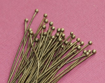 50 pcs of  Antique Brass Ball end head pin  22 gauge with 2mm ball  - 2 inch long