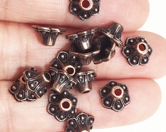 50 pcs  Antiqued Copper bell flower dotted bead caps 9mm