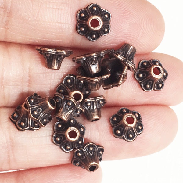 50 pcs  Antiqued Copper bell flower dotted bead caps 9mm