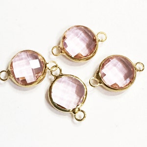4 Pink Glass Connectors: Faceted Round Brass Setting (16x10mm)