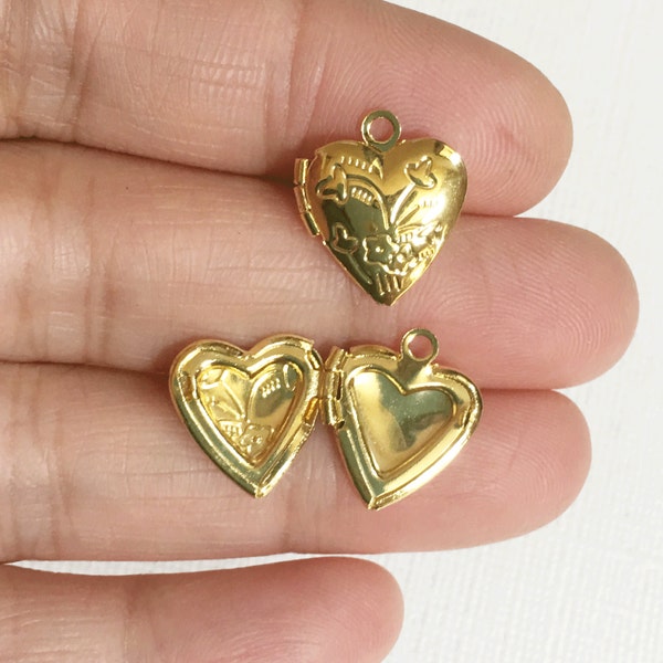 5 Heart Locket Pendant 13x15mm, puff heart locket with flower, locket pendant, gold pendant