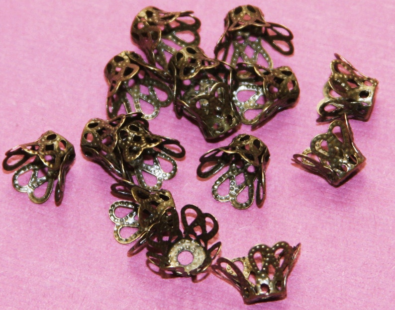 50 Antique Brass Bell Flower Filigree Bead Caps - 8mm image 4