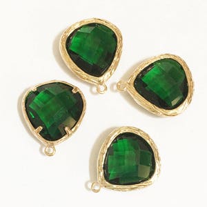 4 glass faceted teardrop pendant with Gold frame, Green glass drops 17x15mm, framed glass teardrops
