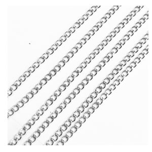May include: Silver chain links in a close-up view. The chain is made of metal and has a smooth, polished finish.