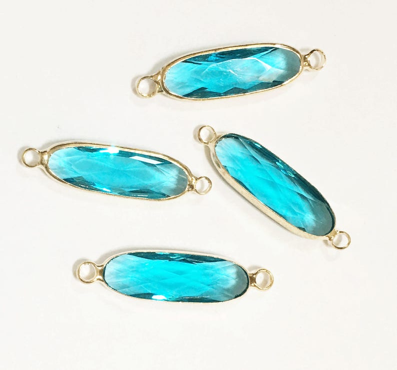4 pcs Glass faceted oval with brass setting 27x7mm Zircon blue , glass connector 1/1 loop with brass setting, long oval connector image 1