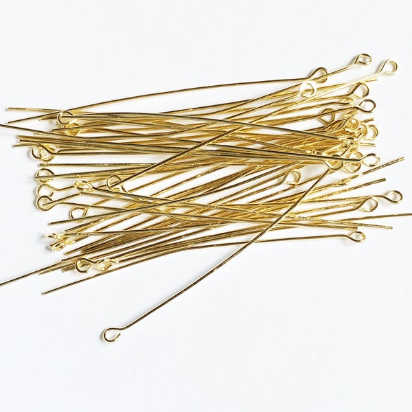 250 yellow Gold  Plated Brass Eye Pin  2 inch long 22 gauge, bulk gold eyepin