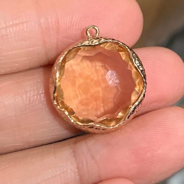 2  Peach color glass faceted flat round pendant with brass frame,Brass glass pendant 22x20mm, gold plated brass framed glass pendant