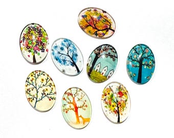 16 Glass cabochon with tree life  print 18x25mm, flat oval cabochon