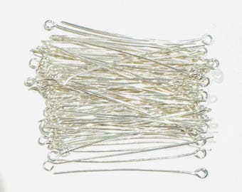 100 Silver Plated Brass Eye Pin - 2 inch long - 22 gauge