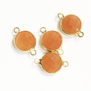 4 Pale Orange Faceted Glass Connectors: Gold Tone Brass Setting, 16x10mm