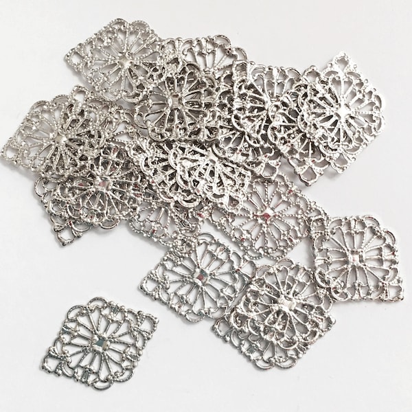 Bulk 100 pcs  Antiqued silver  filigree diamond 21x15mm, antique silver filigree connector, platinum color connector