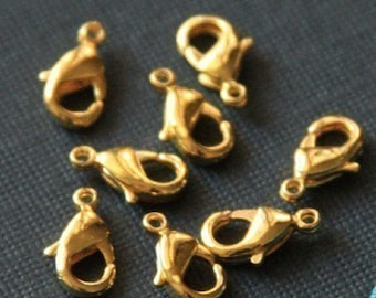 10 pcs of  Solid Brass  lobster claw clasp 12X7mm - Gold plated