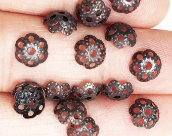 100 antique copper flower bead caps 7mm, 6 petals flower bead caps