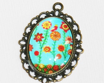 Glass cabochon with antique brass setting, antique brass pendant, zinc alloy flower pendant 30x21mm