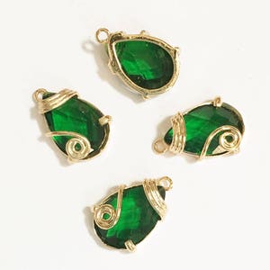 4 glass faceted teardrop pendant with Gold frame, Emerald Green glass drops 16x12mm, framed glass teardrops