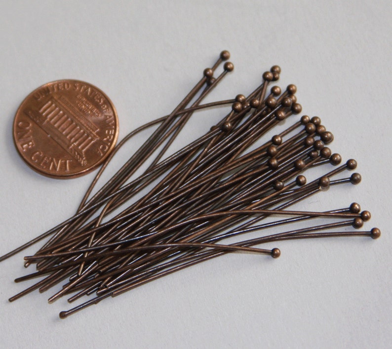 50 pcs of Antique Copper Ball end head pin 22 gauge with 2mm ball 1.75 inch long image 3