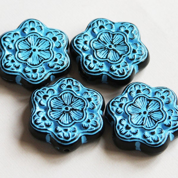 Vintage Acrylic flower beads 30mm Blue with black trim