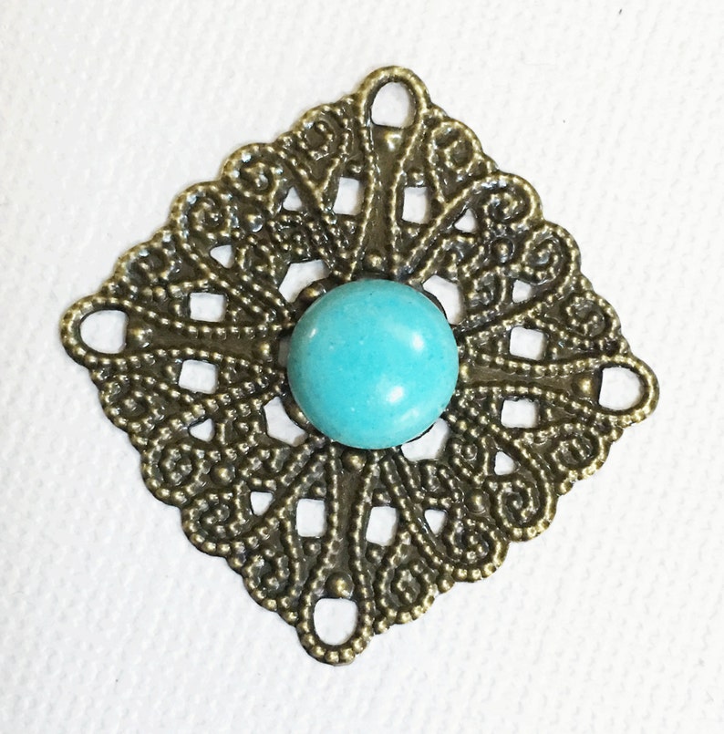 4 pcs Antiqued brass filigree square 28mm with turuoise, turquoise brass filigree connector image 1