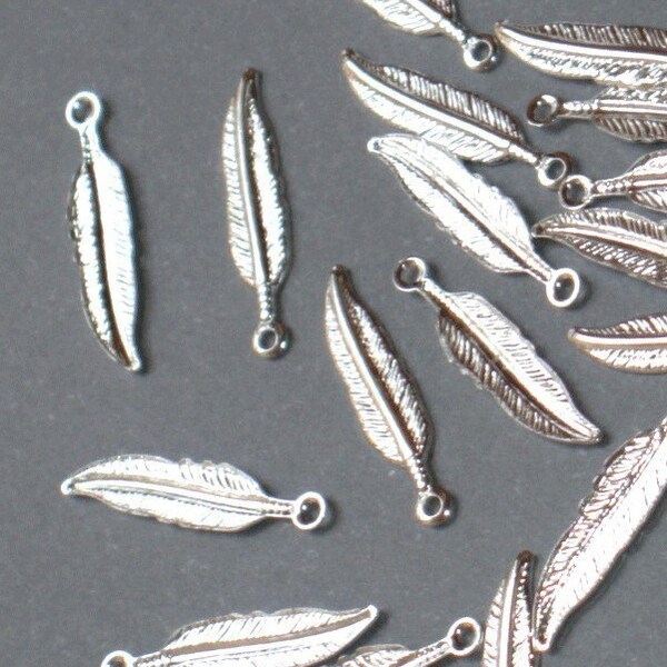 50 pcs  silver plated brass feather drop 18x5mm