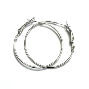 May include: A pair of silver hoop earrings with a hinged clasp.