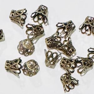 50 Antique Brass Bell Flower Filigree Bead Caps - 8mm image 1
