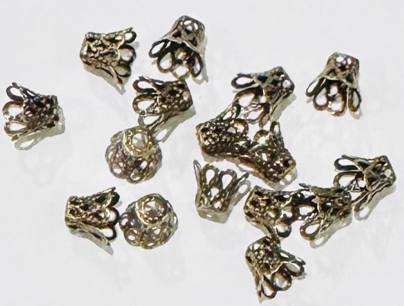 50 Antique Brass Bell Flower Filigree Bead Caps - 8mm image 1