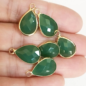 4 glass faceted teardrop pendant with Gold frame, Green glass drops 18x11mm, framed glass teardrops