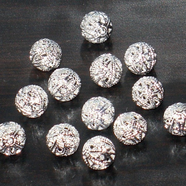 100 pcs perle ronde en filigrane de 6 mm en laiton argenté